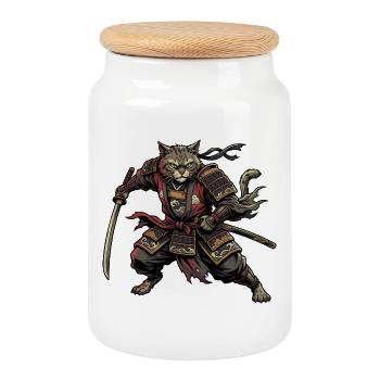 Cat Samurai Warrior - Cookie Jar with Wooden Lid - white - Front