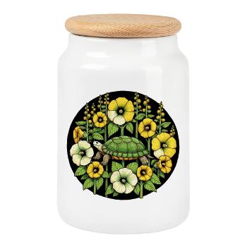 Tortue parmi les Fleurs Dorées - Boîte à biscuits avec couvercle en bois - blanc - Devant