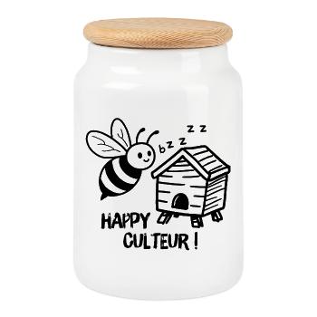 Apiculteur, happy culteur abeille avec une ruche - Boîte à biscuits avec couvercle en bois - blanc - Devant