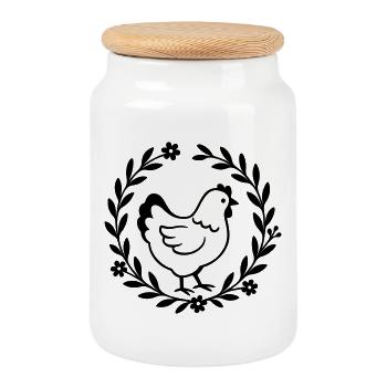 Poulet dans une couronne de fleurs – motif de maison de campagne - Boîte à biscuits avec couvercle en bois - blanc - Devant
