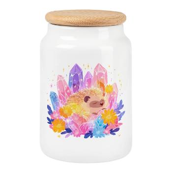 Little hedgehog in the crystal garden - Cookie Jar with Wooden Lid - white - Front