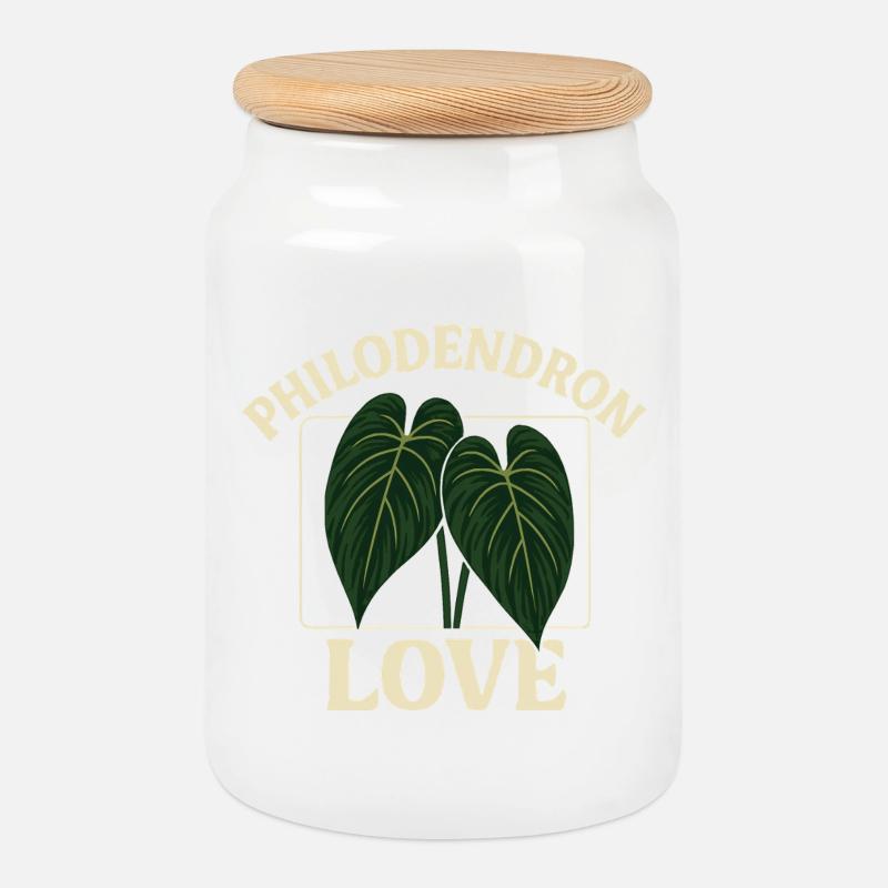Philodendron Love - Cookie Jar with Wooden Lid - white