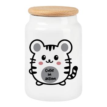 Kawaii Tiger Cutie in Action - Cookie Jar with Wooden Lid - white - Front