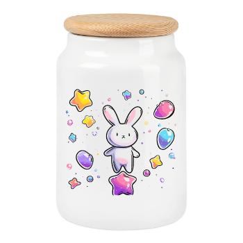 Vol stellaire du lapin pastel - Boîte à biscuits avec couvercle en bois - blanc - Devant