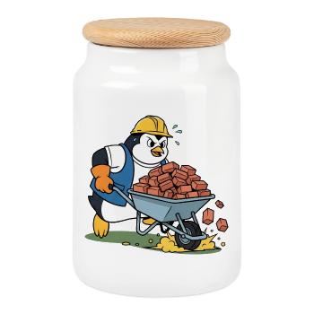 Cute penguin craftsman construction worker construction site - Cookie Jar with Wooden Lid - white - Front