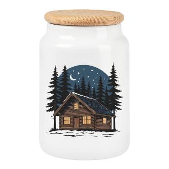 Cabane bois sous ciel étoilé nocturne - Boîte à biscuits avec couvercle en bois - blanc - Devant
