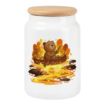 Bear in Gold River Kayak - Cookie Jar with Wooden Lid - white - Front