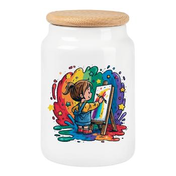 Little child paints in the rain of colors - Cookie Jar with Wooden Lid - white - Front