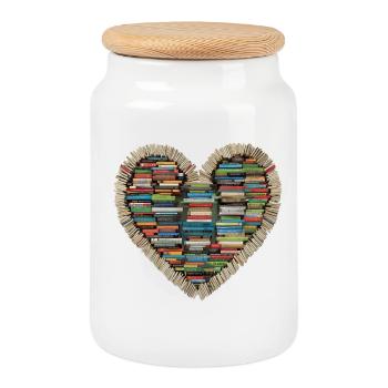 Love Books – Un cœur d’histoires - Boîte à biscuits avec couvercle en bois - blanc - Devant
