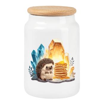Igel mit Pancakes in Kristallhöhle - Keksdose mit Holzdeckel - Weiß - Vorne