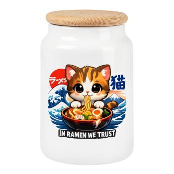 Katze in Ramen we trust - Keksdose mit Holzdeckel - Weiß - Vorne