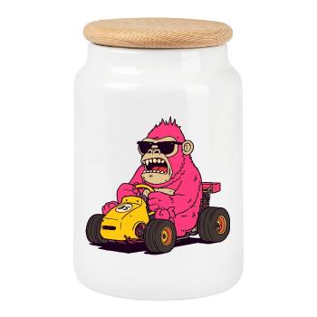Pink Monkey Racer Kart - Cookie Jar with Wooden Lid - white - Front