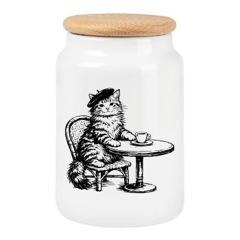 Cat at the Café with Beret - Vintage Retro Design - Cookie Jar with Wooden Lid - white - Front