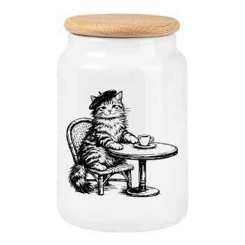 Cat with Coffee Beret - Retro Vintage Design - Cookie Jar with Wooden Lid - white - Front