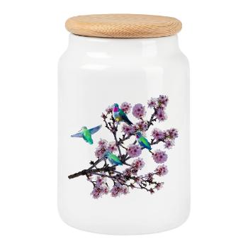 Kolibri in verschiedene Perspektiven, Mandelblüten - Keksdose mit Holzdeckel - Weiß - Vorne