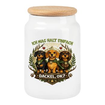 Dackel Natur Wappen Motiv mit Herz und Spruch - Keksdose mit Holzdeckel - Weiß - Vorne