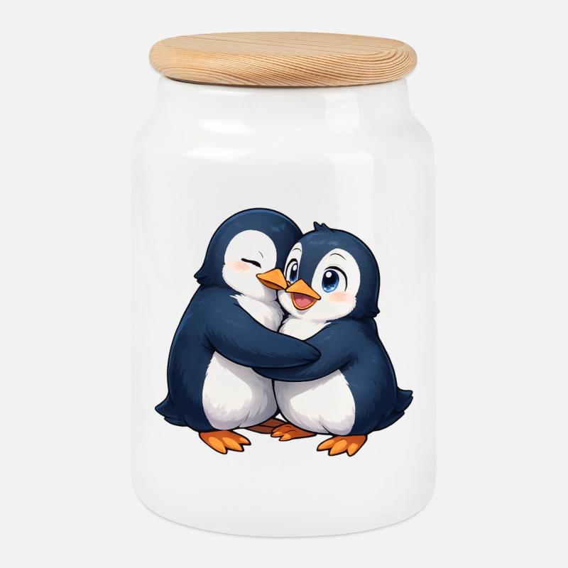Kuschelfreundschaft der Pinguine - Keksdose mit Holzdeckel - Weiß