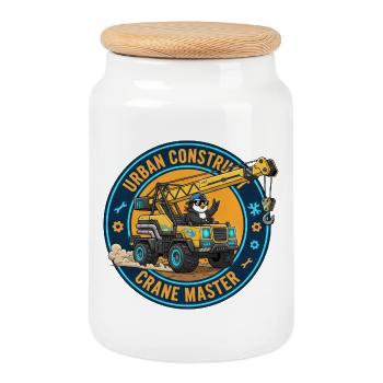 Cool Penguin Crane Operator Construction Worker Cartoon - Cookie Jar with Wooden Lid - white - Front