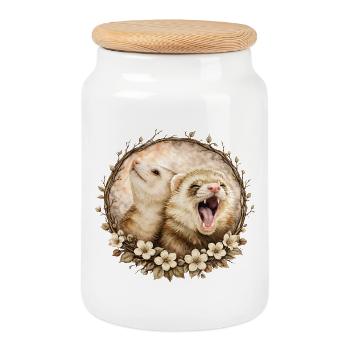 Ferrets in the Circle of Flowers - Cookie Jar with Wooden Lid - white - Front