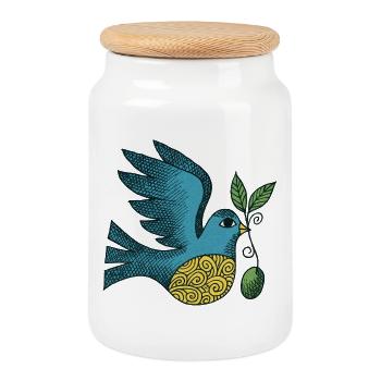 Azurblauer Vogel mit wirbelndem Bauch - Keksdose mit Holzdeckel - Weiß - Vorne