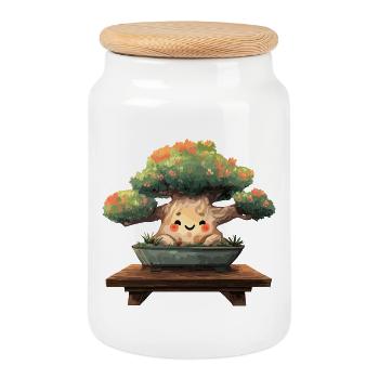 Kawaii Bonsai Smile in Pot - Cookie Jar with Wooden Lid - white - Front