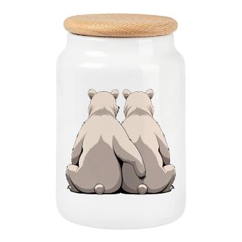 Two white bears back to back - Cookie Jar with Wooden Lid - white - Front