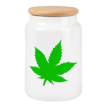 Green Cannabis Leaf Motif - Cookie Jar with Wooden Lid - white - Front
