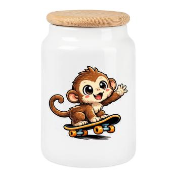 Dessin animé Skate Monkey - Boîte à biscuits avec couvercle en bois - blanc - Devant