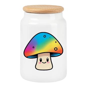 Kawaii Rainbow Mushroom Design - Cookie Jar with Wooden Lid - white - Front