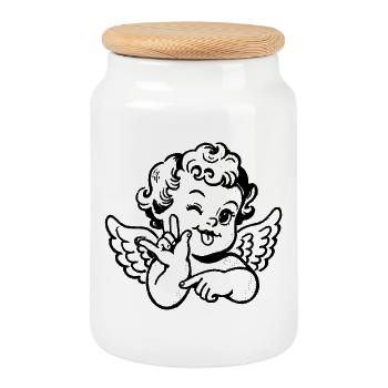Love You Cherub – Engel mit ILY Handzeichen - Keksdose mit Holzdeckel - Weiß - Vorne