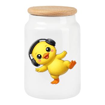 Cute Duck With Headphones Dancing Music Techno - Cookie Jar with Wooden Lid - white - Front