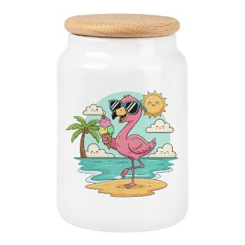 Flamingo am Strand mit Eis & Sonne - Cookie Jar with Wooden Lid - white - Front