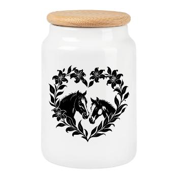 Horses Heart Flowers Silhouette Love Art - Cookie Jar with Wooden Lid - white - Front
