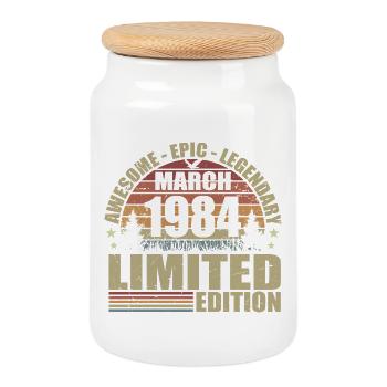 Vintage March 1984 Anniversary - March 1984 - Cookie Jar with Wooden Lid - white - Front