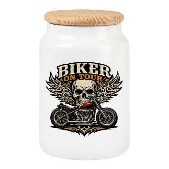 Biker on Tour Totenkopf Motiv mit Tribals - Keksdose mit Holzdeckel - Weiß - Vorne