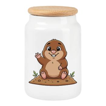 Cheerful Mole - Cookie Jar with Wooden Lid - white - Front