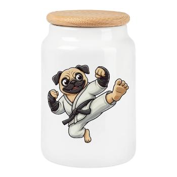 Pug Karate Kick Self Defense Martial Arts - Cookie Jar with Wooden Lid - white - Front