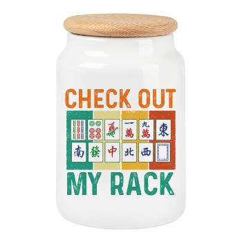 Check Out My Rack Mahjong Player Tiles - Cookie Jar with Wooden Lid - white - Front