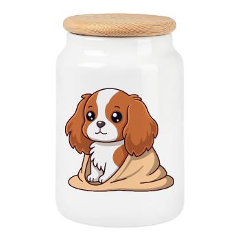 Chien cavalier Douceur Beige - Boîte à biscuits avec couvercle en bois - blanc - Devant