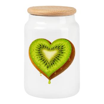 Juicy Kiwi in Heart Shape Illustration - Cookie Jar with Wooden Lid - white - Front