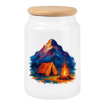 Colored mountain camping tent by the fire - Cookie Jar with Wooden Lid - white - Front