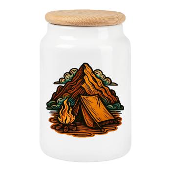 Feu, tentes et paysages montagneux - Boîte à biscuits avec couvercle en bois - blanc - Devant