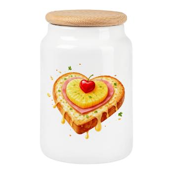 Toast in heart shape with pineapple illustration - Cookie Jar with Wooden Lid - white - Front