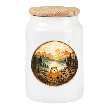 Marmot forest lake mountain - Cookie Jar with Wooden Lid - white - Front