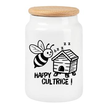 Beekeeper, happy bee farmer with a beehive - Cookie Jar with Wooden Lid - white - Front