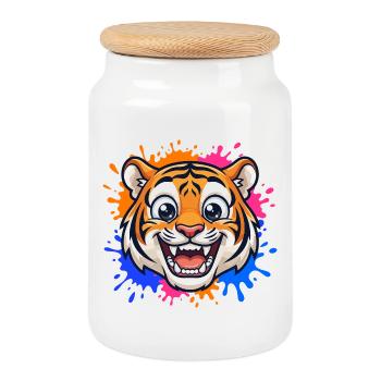 Laughing Tiger Splash of Color - Cookie Jar with Wooden Lid - white - Front