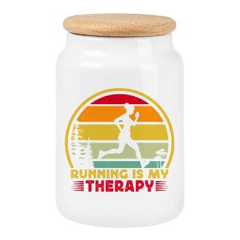 Running Is My Therapy Marathon Runner Gift - Cookie Jar with Wooden Lid - white - Front