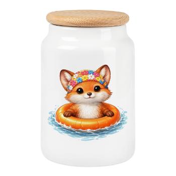 Cute fox with swimming ring - Cookie Jar with Wooden Lid - white - Front