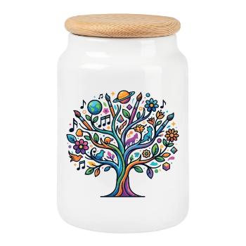 Colorful Tree of Life Music Art Nature Astro Hobbies - Cookie Jar with Wooden Lid - white - Front