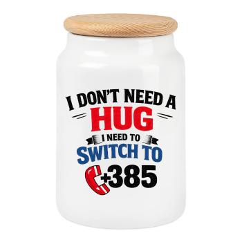 No hug, call number 385 - Cookie Jar with Wooden Lid - white - Front